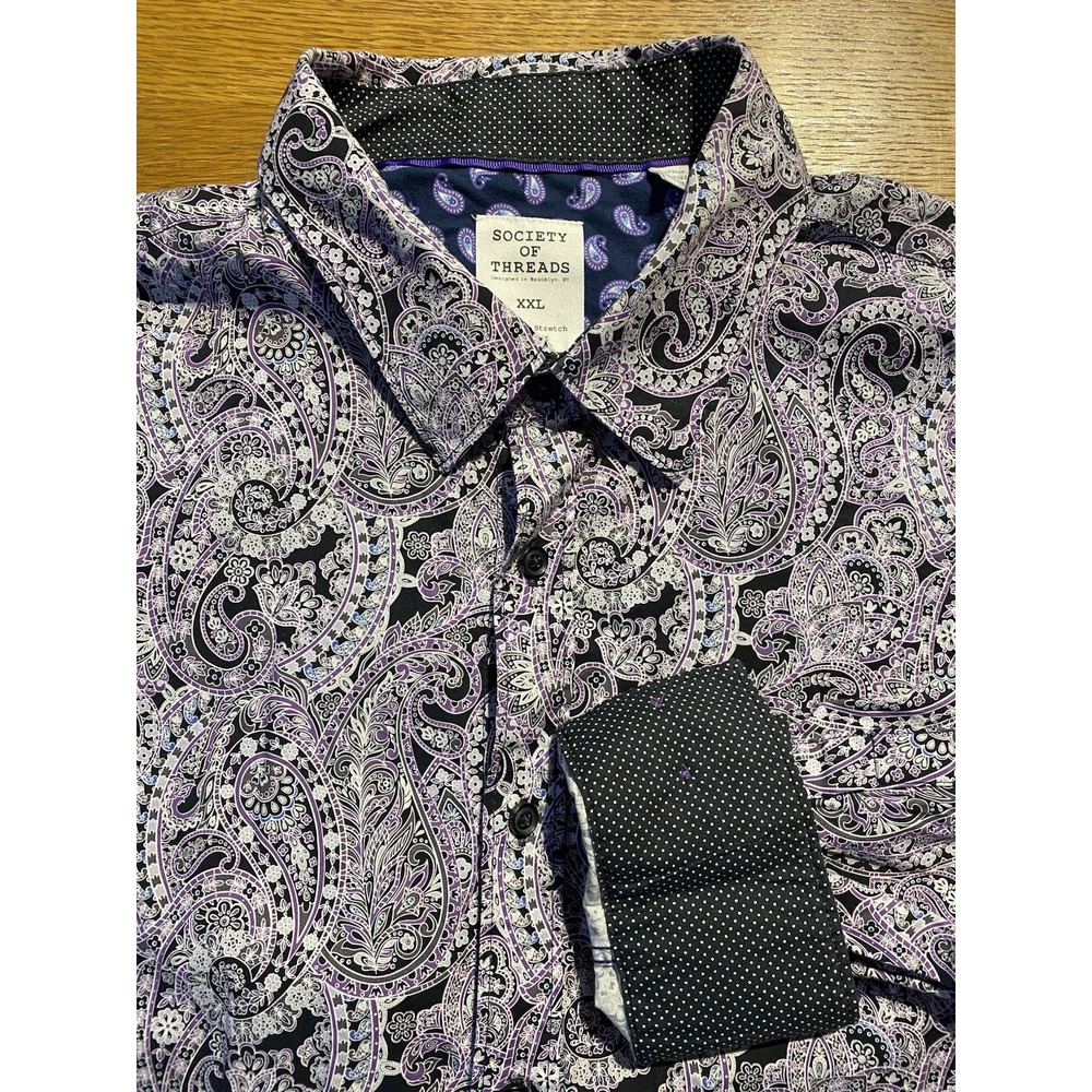 Society Of Threads Purple Paisley Comfort Stretch Slim Fit Men's 2XL Flip Cuff